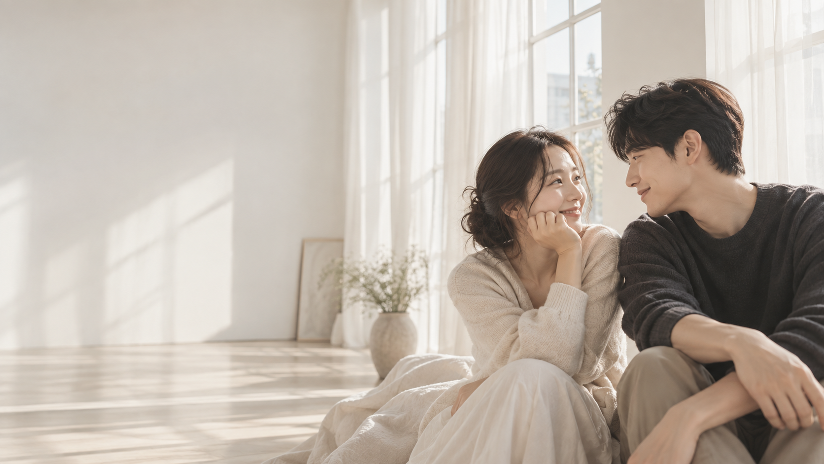 따뜻한 자연광이 드는 스튜디오에서 촬영하는 커플